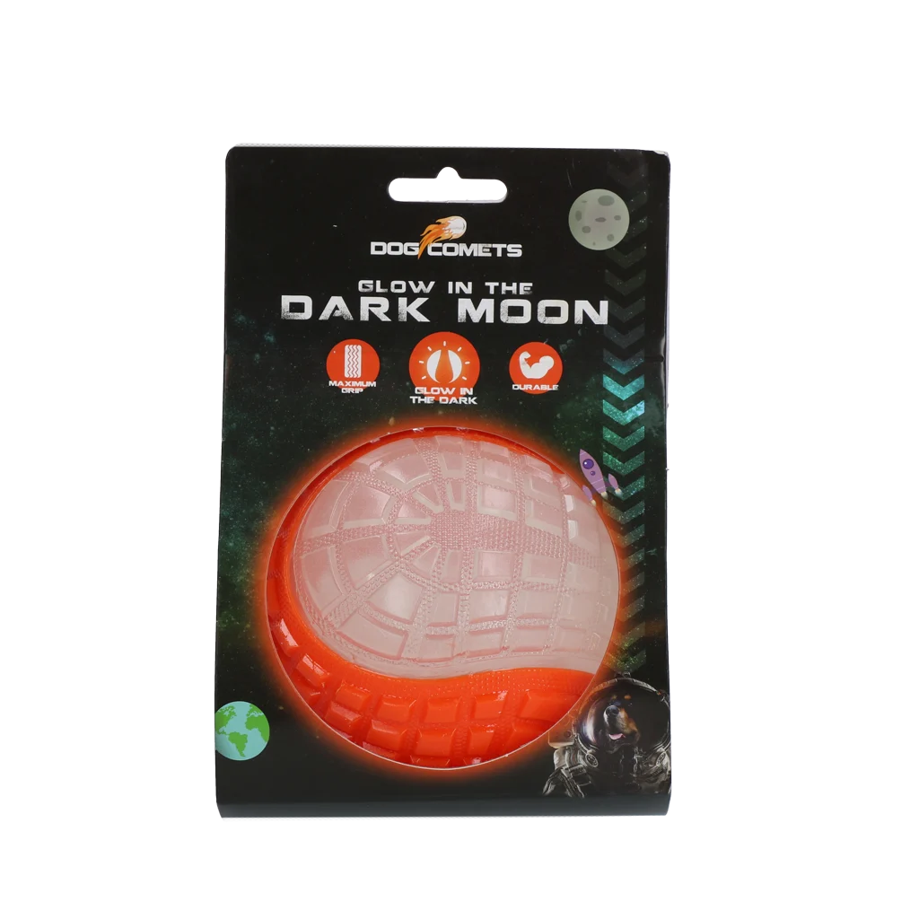 Svítící míč pro psy s pískátkem, L 10 cm, oranžový – Dog Comets Glow In The Dark Moon Bal - Obrázek 1