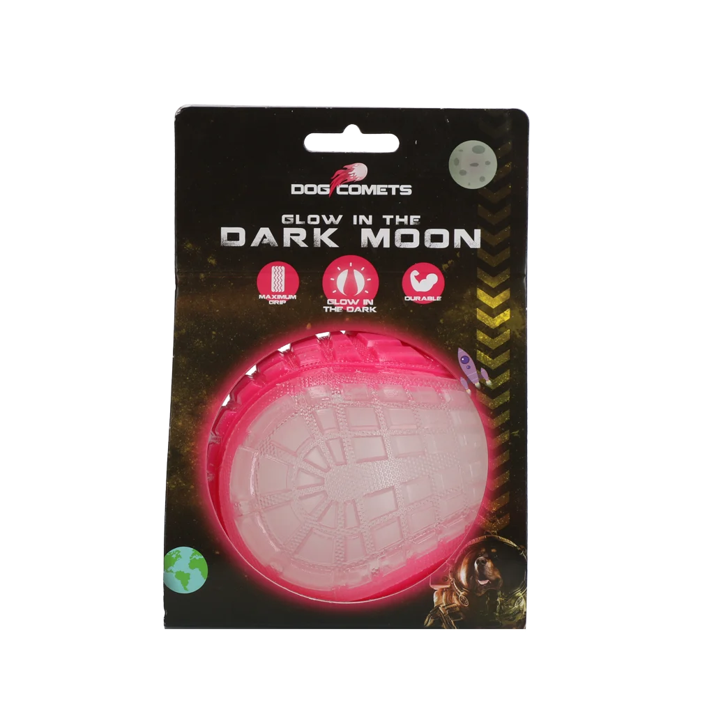 COME017Q.png Svítící míč pro psy s pískátkem, L 10 cm, růžový – Dog Comets Glow In The Dark Moon Bal - Obrázek 1