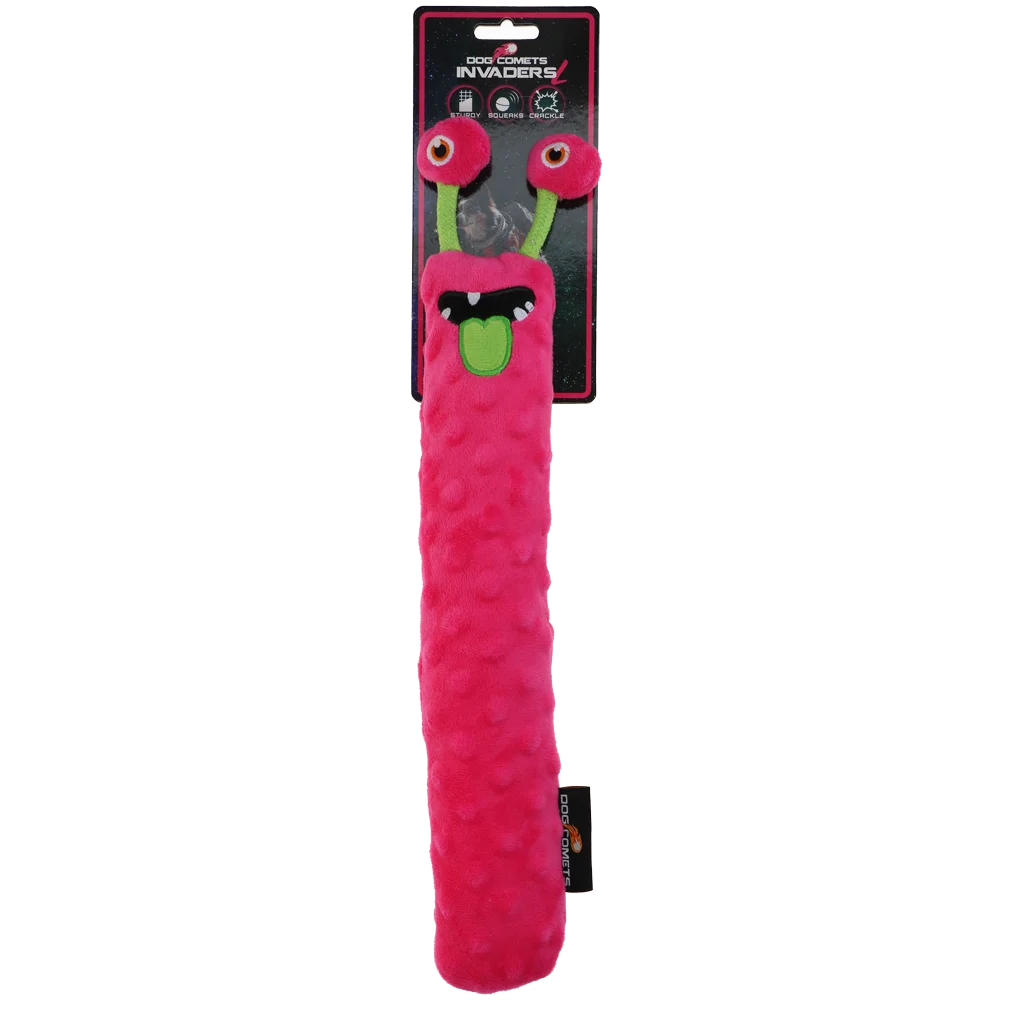 COME0182C.png Plyšová aportovací hračka pro psy s pískátkem, růžová L, 32 cm – Dog Comets Invaders - Obrázek 1