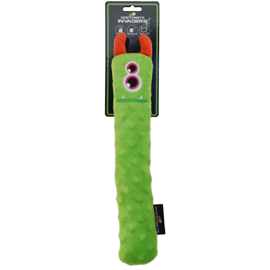 Plyšová aportovací tyč pro psy s pískátkem, zelená L, 32 cm – Dog Comets Invaders - Obrázek 1