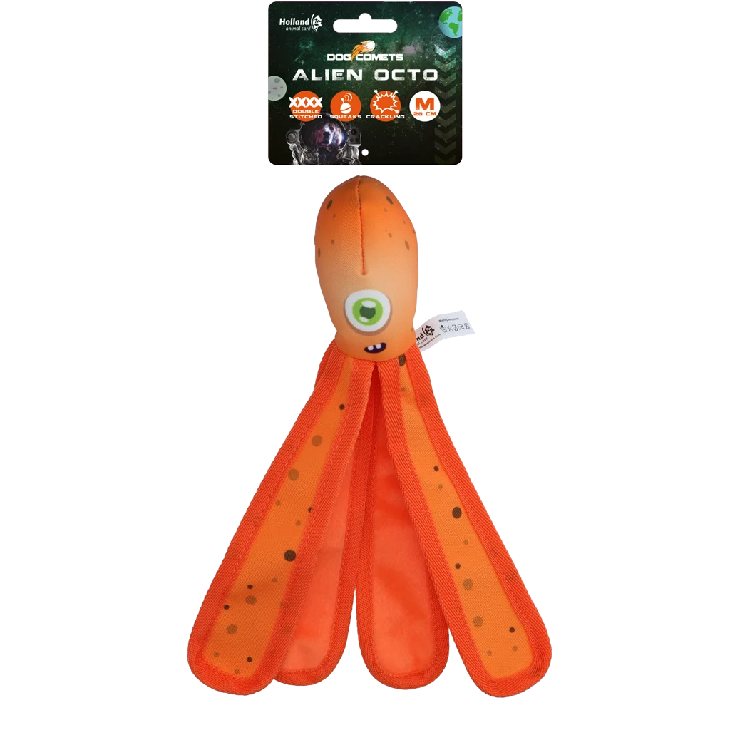 COME018J.png Hračka pro psy s pískátkem a šustícími chapadly, M 28 cm, oranžová – Dog Comets Alien Octo - Obrázek 1