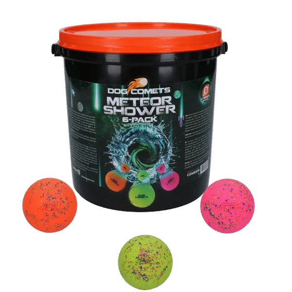 Gumové míčky pro psy s kbelíkem, 6 ks M – Dog Comets Meteor Shower