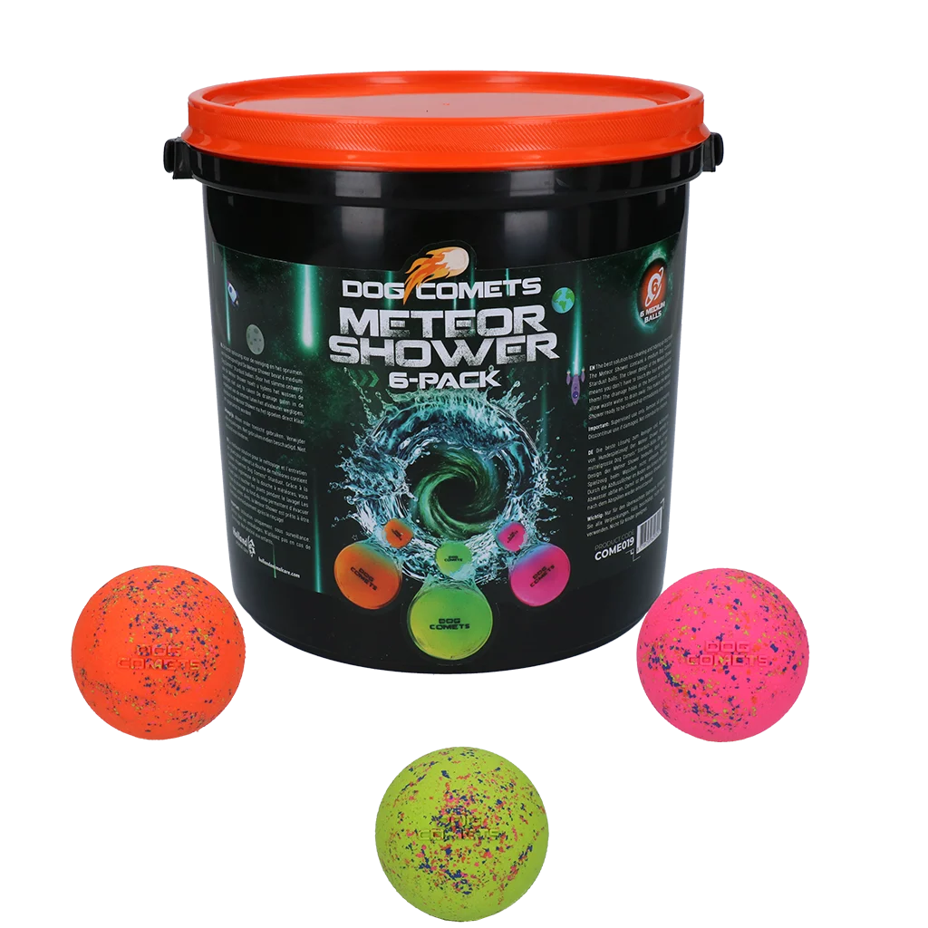 Gumové míčky pro psy s kbelíkem, 6 ks M – Dog Comets Meteor Shower - Obrázek 1
