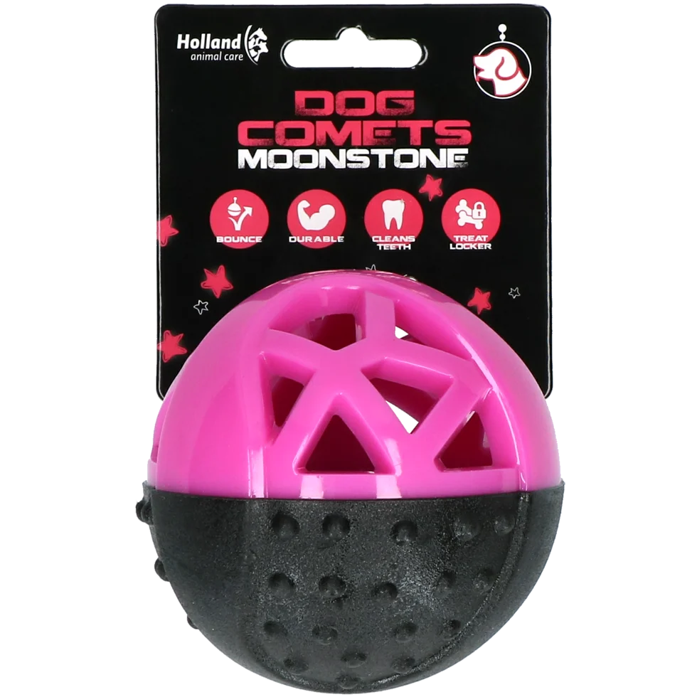 COME062.png Míček na pamlsky pro psy z gumy s pískátkem, růžový – Dog Comets Moonstone - Obrázek 1