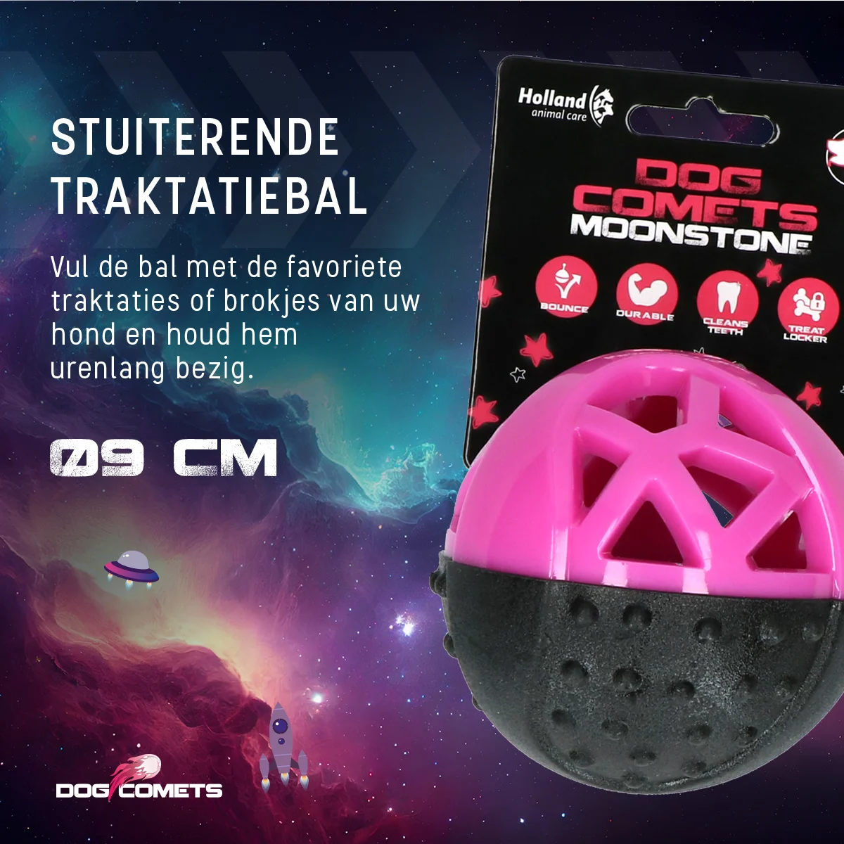 Míček na pamlsky pro psy z gumy s pískátkem, růžový – Dog Comets Moonstone - Obrázek 5