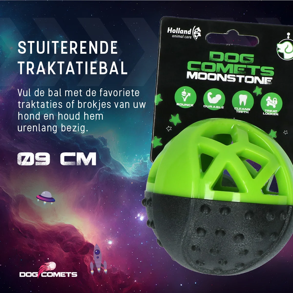 Gumový míček na pamlsky s pískátkem, zelený – Dog Comets Moonstone - Obrázek 5