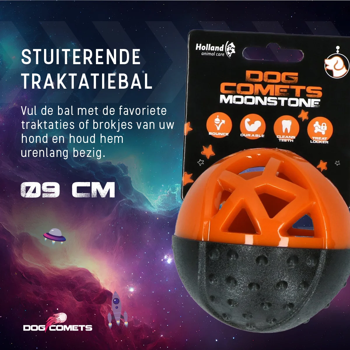 Gumový míček na pamlsky s pískátkem, oranžový – Dog Comets Moonstone - Obrázek 4