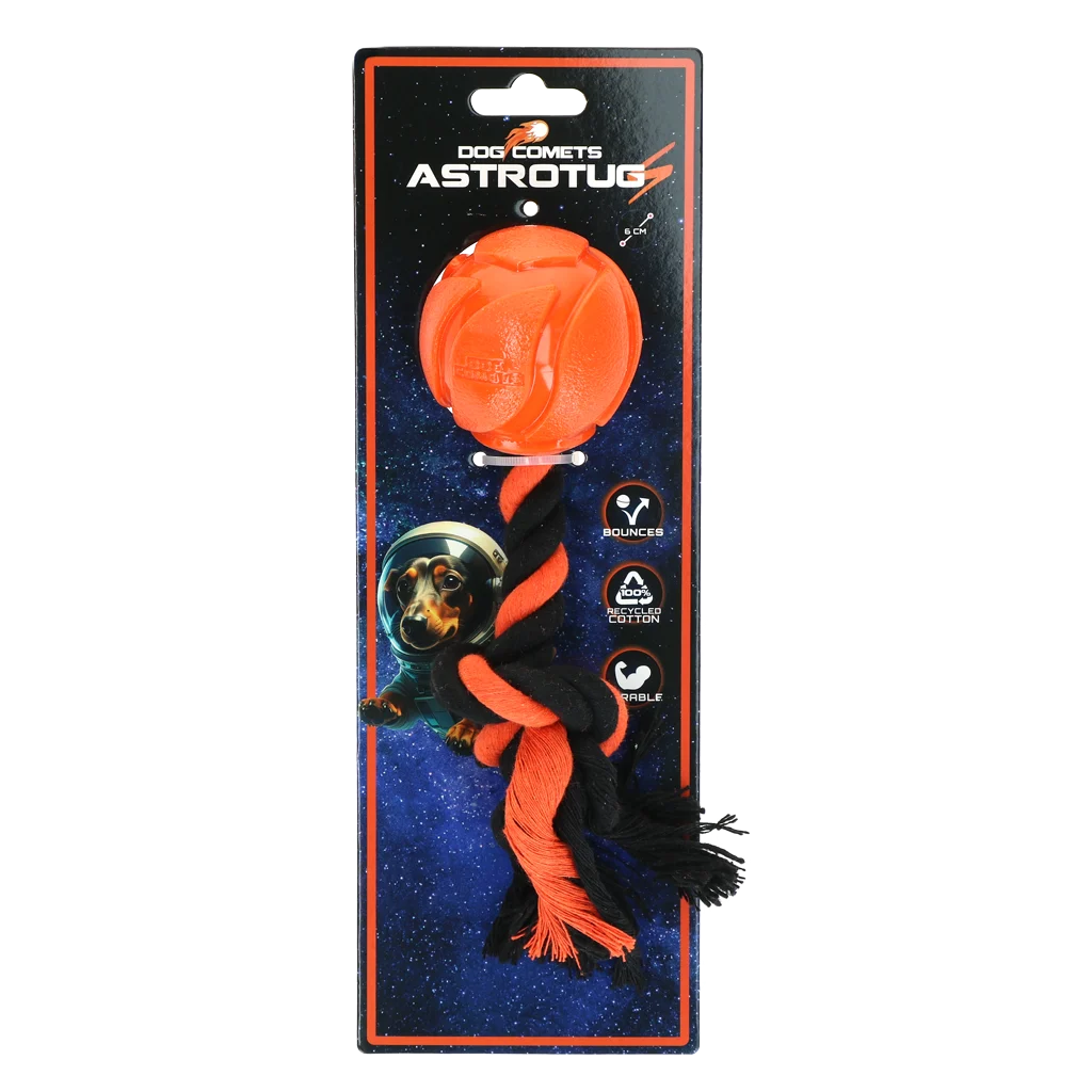 Míček pro psy s přetahovacím provazem, 6 cm, oranžový – Dog Comets AstroTug - Obrázek 1