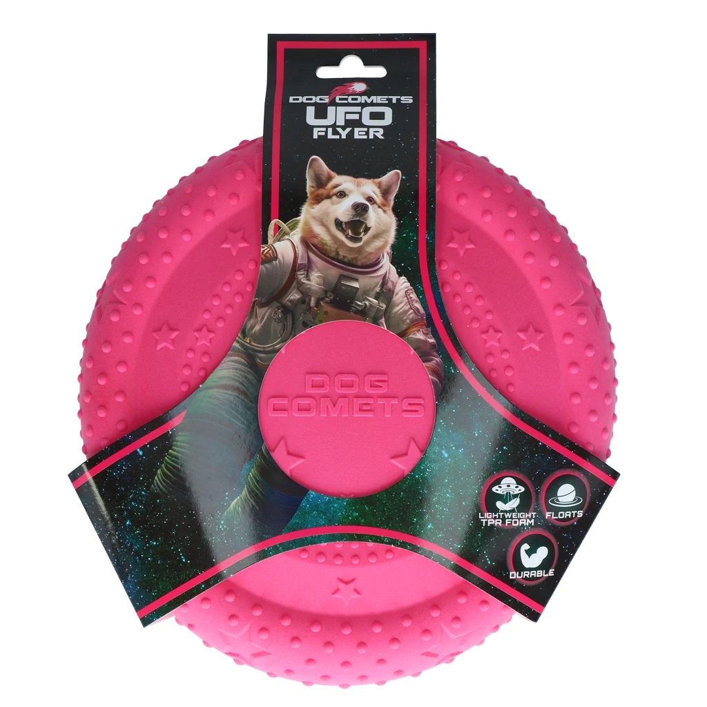 Frisbee pro psy z pěnové gumy, plovoucí, růžové M – Dog Comets UFO Flyer - Obrázek 1