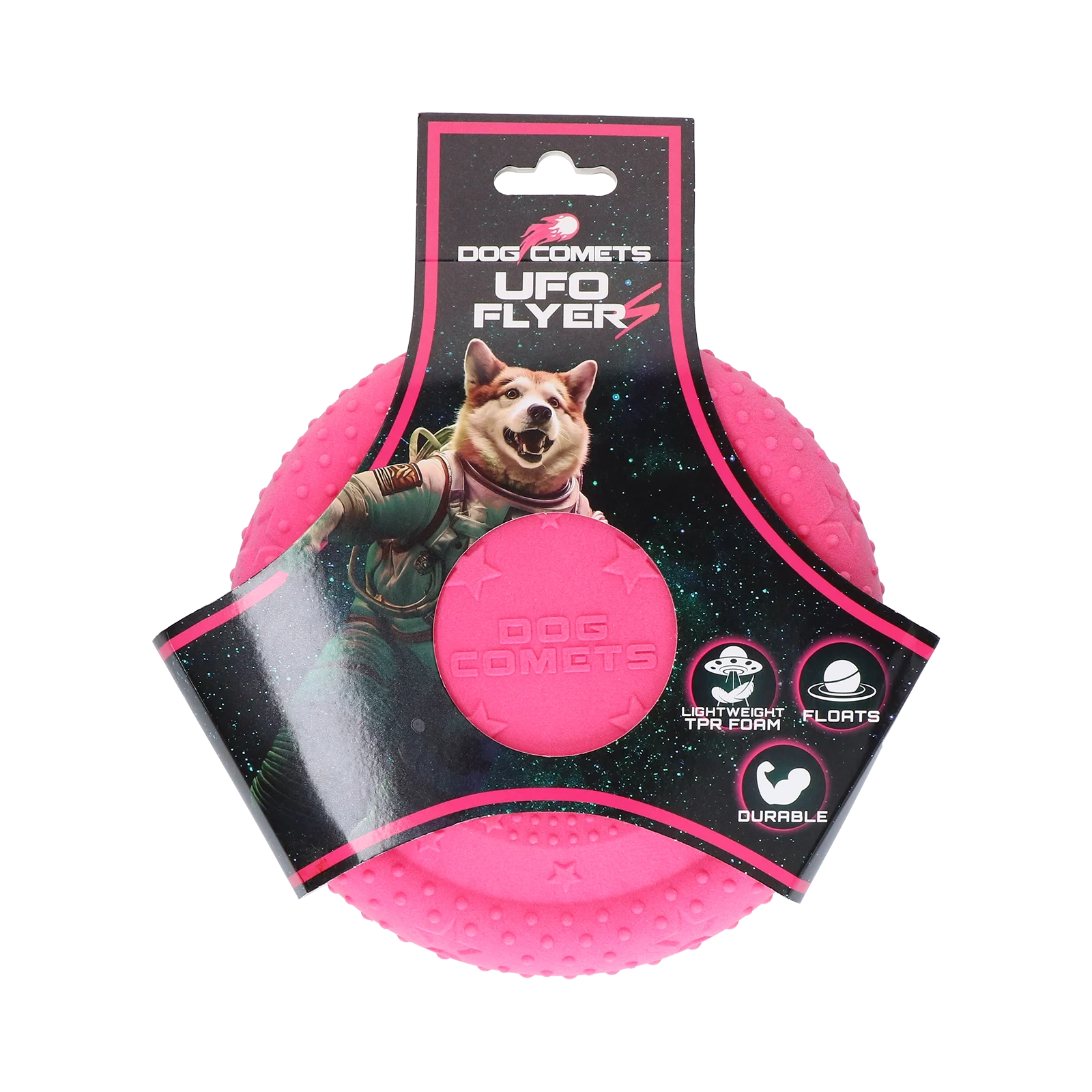 COME097H.png Pěnový létající talíř pro psy, plovoucí, růžový S – Dog Comets UFO Flyer - Obrázek 1