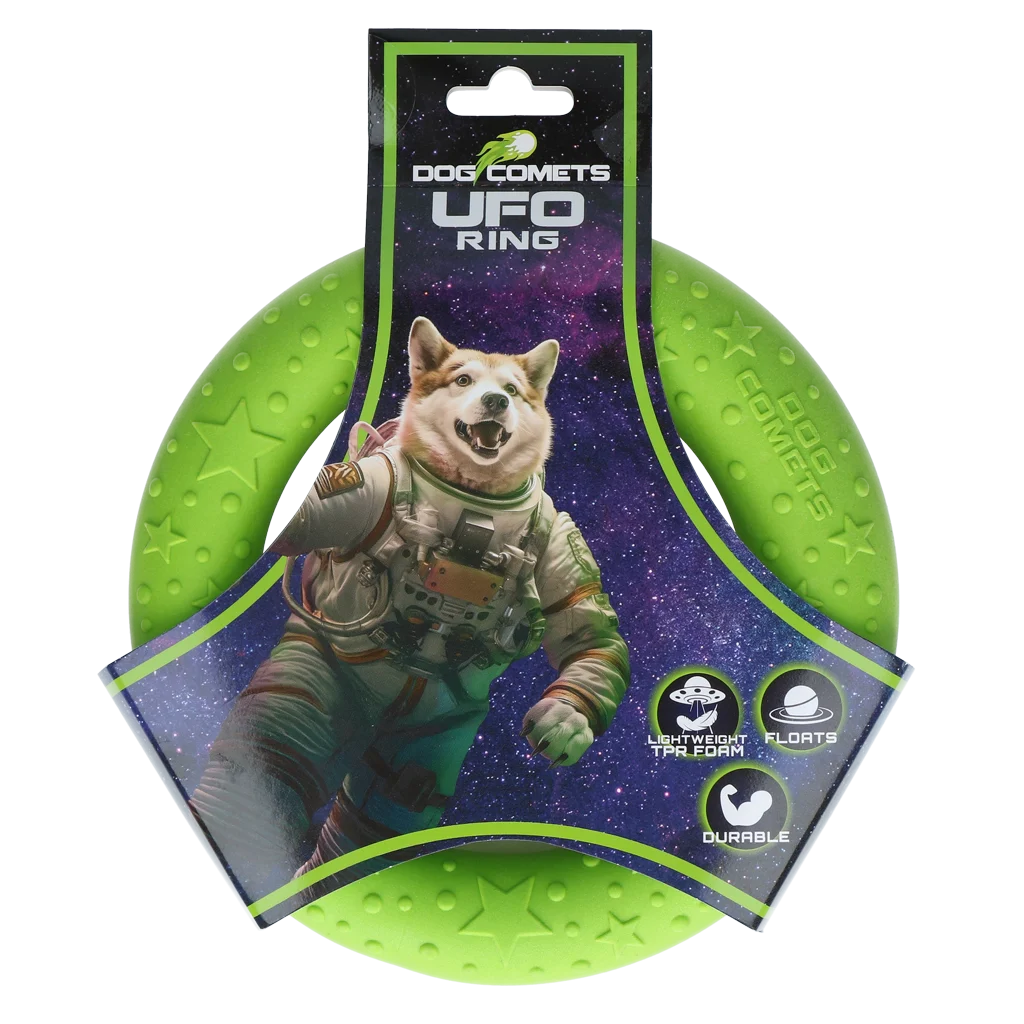 Aportovací kruh pro psy z pěnové gumy, plovoucí, zelený M, Ø 19 cm – Dog Comets UFO Ring - Obrázek 1