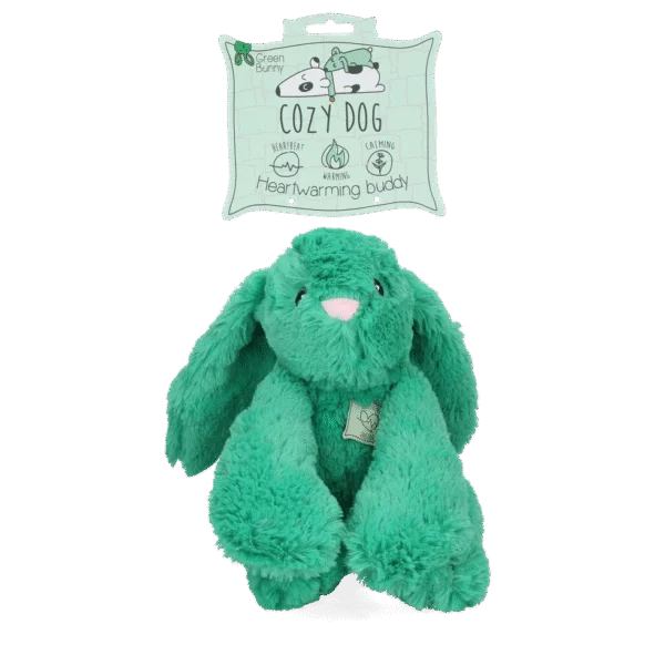 Plyšový králíček pro psy s tlukotem srdce a ohřívacím sáčkem, zelený, 30 x 20 cm – Cozy Dog Bunny