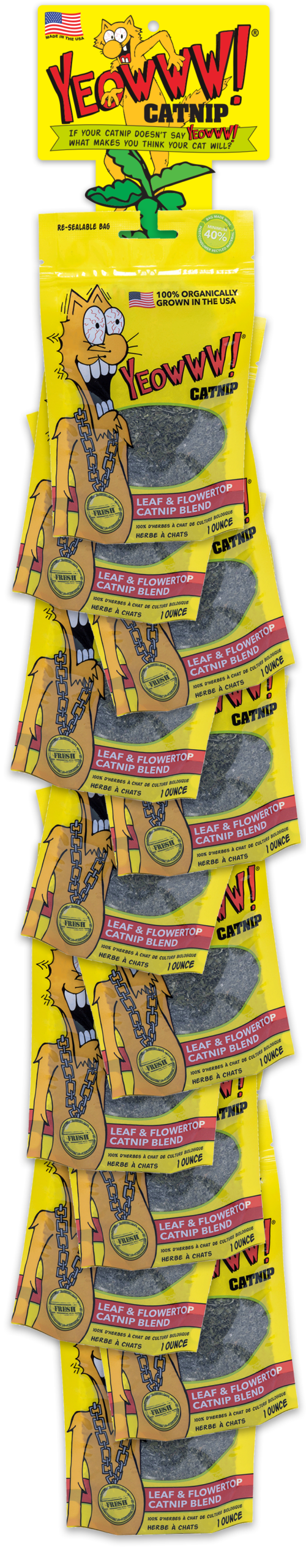 Displaystrip met 12 zakjes kattenkruid van 1 oz – Yeowww! Catnip Prodejní stojánek s 12 sáčky šanty kočičí po 1 oz – Yeowww! Catnip