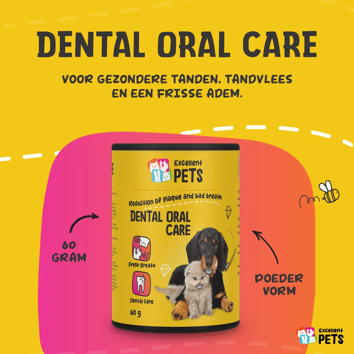 Prášek na podporu péče o chrup pro psy a kočky, 140 g – Excellent Pets Dental Oral Care - Obrázek 2
