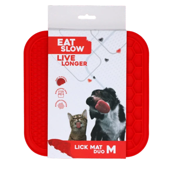 Lízací podložka pro psy se 2 vzory a přísavkami, 21 x 21 cm, červená – Eat Slow Live Longer Lick Mat Duo M
