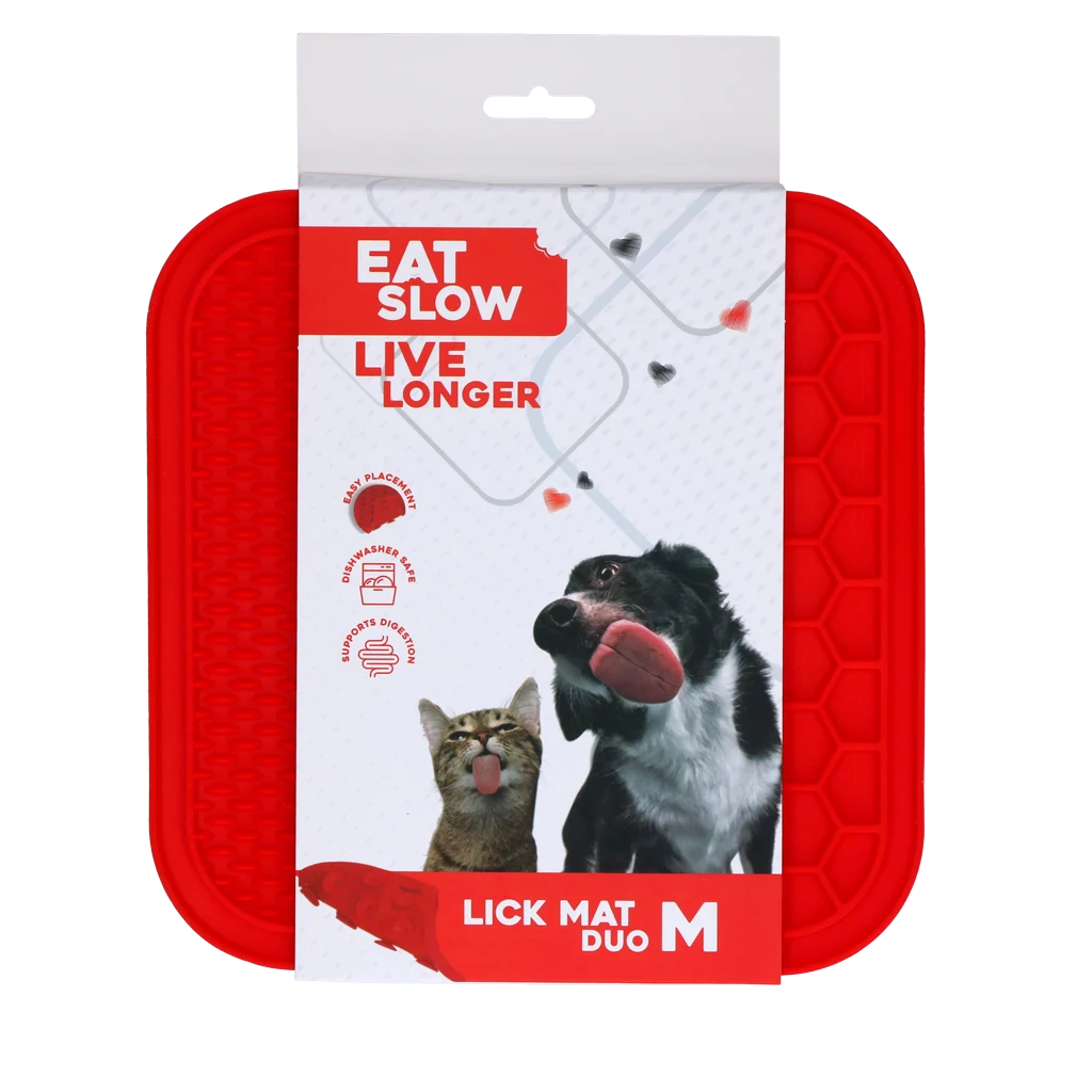Lízací podložka pro psy se 2 vzory a přísavkami, 21 x 21 cm, červená – Eat Slow Live Longer Lick Mat Duo M - Obrázek 1