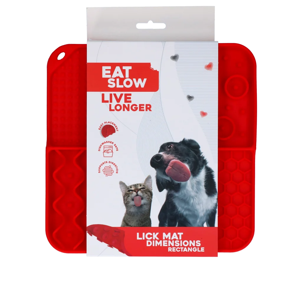 Lízací podložka pro psy se 4 vzory a přísavkami, 21 x 21 cm, červená – Eat Slow Live Longer Lick Mat Dimensions Rectangle - Obrázek 1