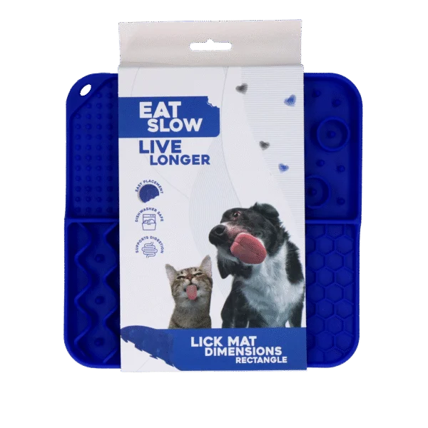 Podložka na lízání pro psy se 4 vzory a přísavkami, 21 x 21 cm, modrá – Eat Slow Live Longer Lick Mat Dimensions Rectangle