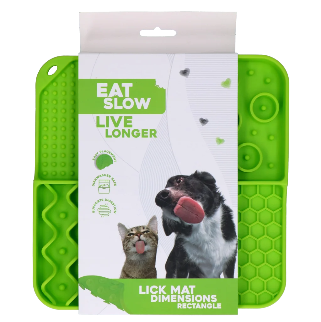 Lízací podložka pro psy se 4 vzory a přísavkami, 21 x 21 cm, zelená – Eat Slow Live Longer Lick Mat Dimensions Rectangle - Obrázek 1