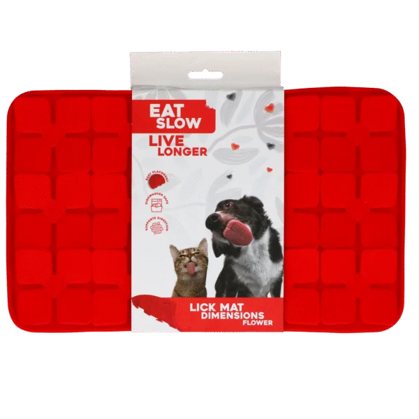 Lízací podložka pro psy s květinovými výstupky a přísavkami, 21 x 34 cm, červená – Eat Slow Live Longer Lick Mat Dimensions Flower