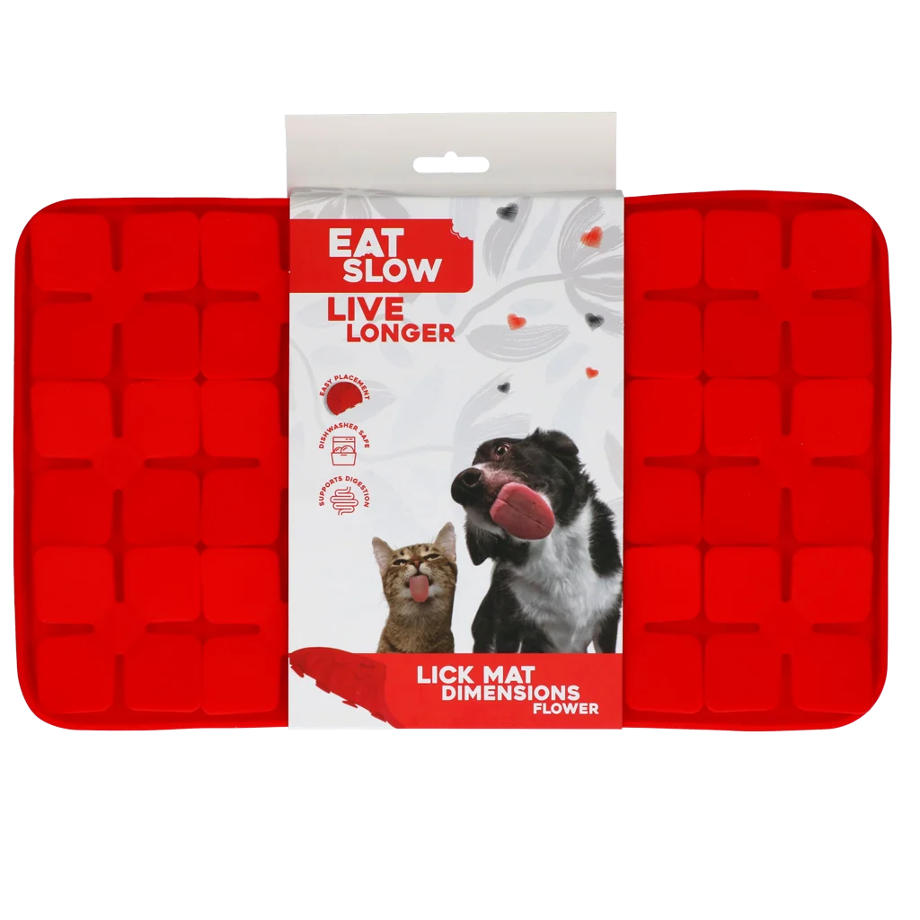 Lízací podložka pro psy s květinovými výstupky a přísavkami, 21 x 34 cm, červená – Eat Slow Live Longer Lick Mat Dimensions Flower - Obrázek 1