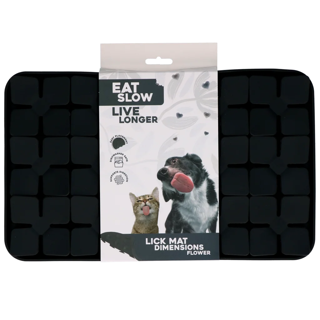 Lízací podložka pro psy s květinovými klapkami a přísavkami, 21 x 34 cm, šedá – Eat Slow Live Longer Lick Mat Dimensions Flower - Obrázek 1