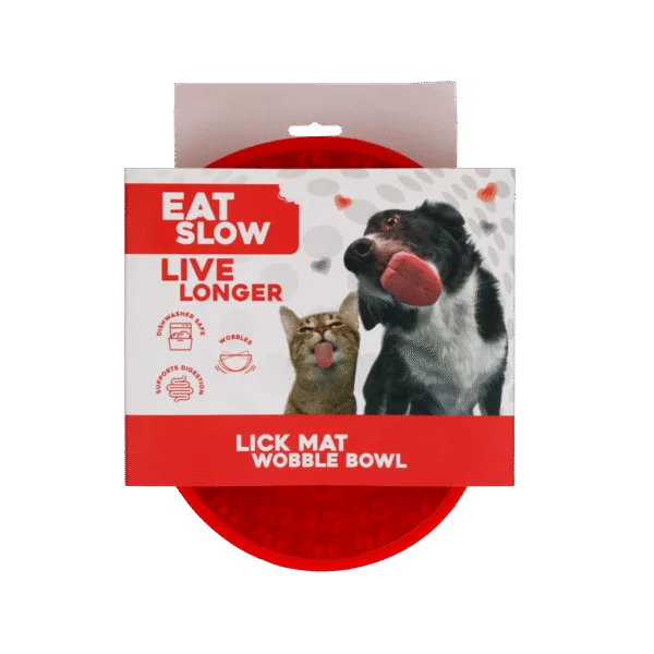 Protihltací miska pro psy s lízací podložkou, červená, 17 cm – Eat Slow Live Longer Lick Mat Wobble Bowl