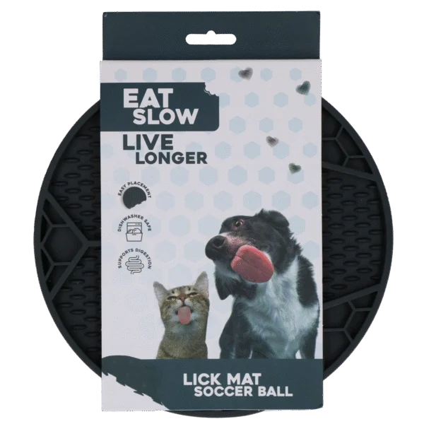 Lízací podložka pro psy s fotbalovým vzorem a přísavkami, Ø 22 cm, šedá – Eat Slow Live Longer Lick Mat Soccer Ball