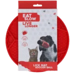 Lízací podložka pro psy s fotbalovým vzorem a přísavkami, Ø 22 cm, červená – Eat Slow Live Longer Lick Mat Soccer Ball