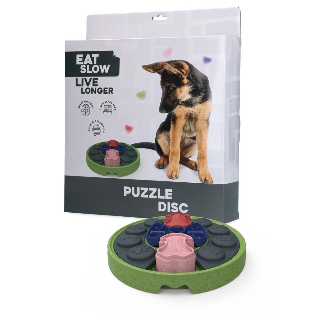 Hlavolam pro psy s posuvnými částmi na granule a pamlsky – Eat Slow Live Longer Puzzle Disc - Obrázek 1