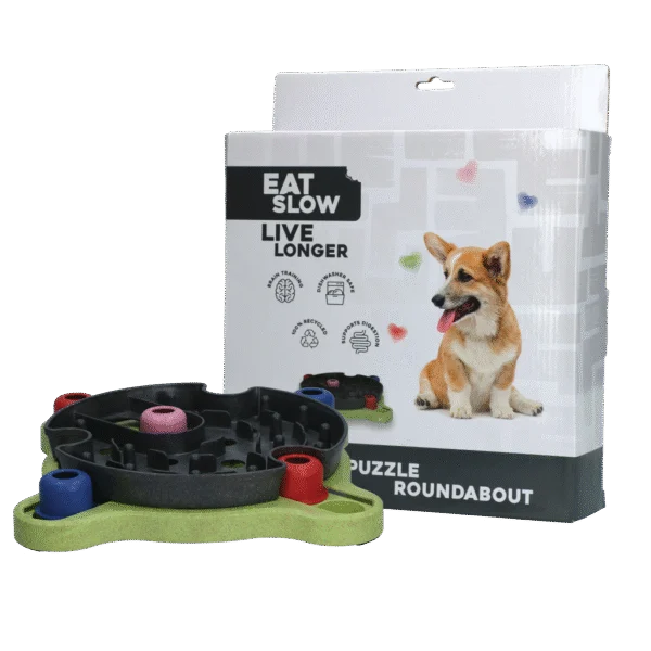 Hlavolam pro psy na granule a pamlsky s protiskluzovými nožičkami – Eat Slow Live Longer Puzzle Roundabout