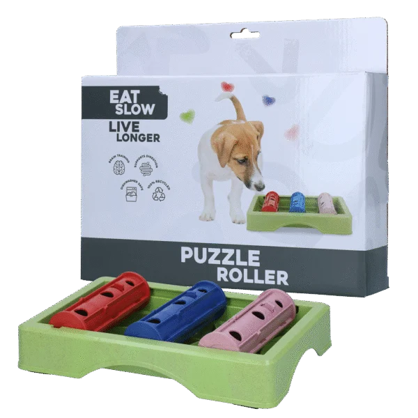 Hlavolam pro psy na granule a pamlsky s protiskluzovými nožičkami – Eat Slow Live Longer Puzzle Roller