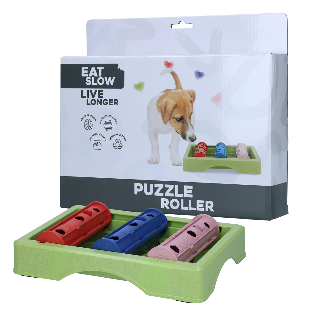 Hlavolam pro psy na granule a pamlsky s protiskluzovými nožičkami – Eat Slow Live Longer Puzzle Roller - Obrázek 1