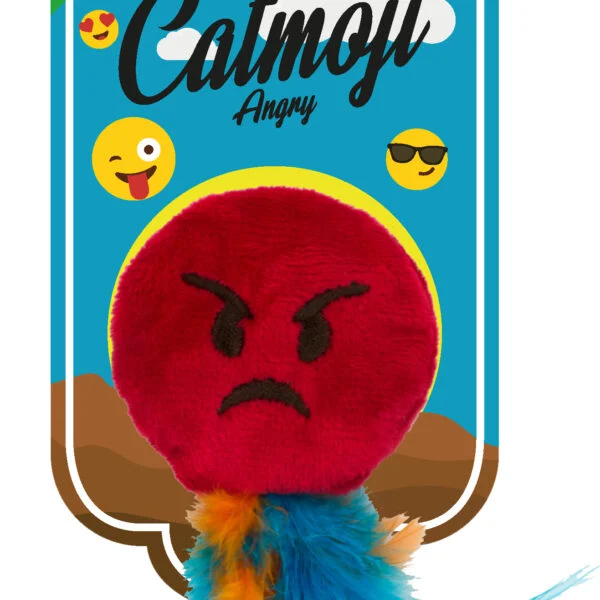 Kočičí hračka emoji s peříčky a MADNIP, ø 6 cm – Catmoji Angry