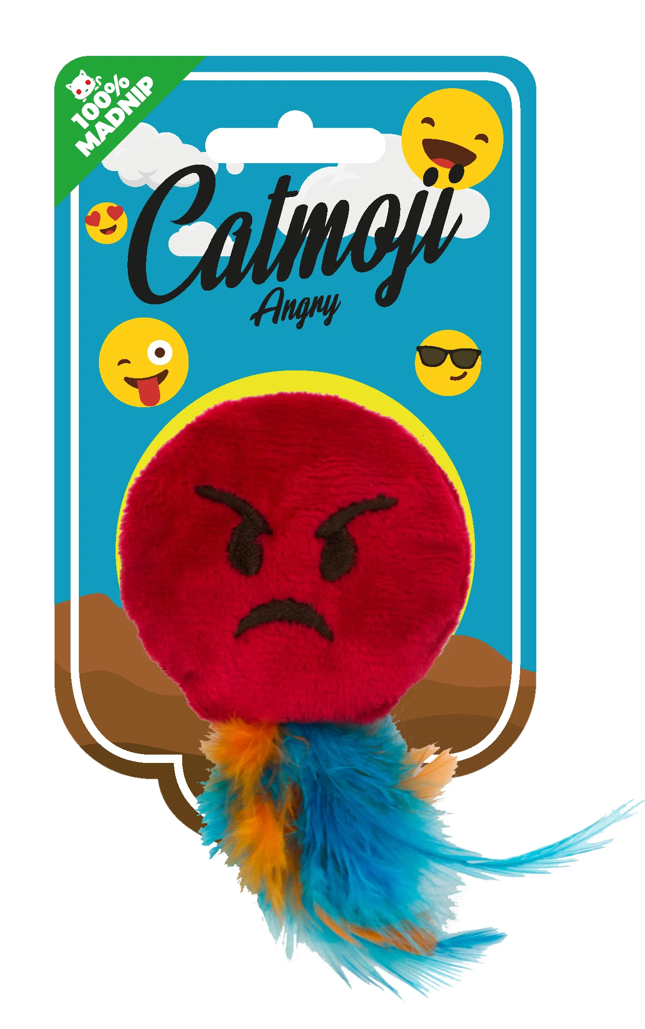 EMOJ0121.jpg Kočičí hračka emoji s peříčky a MADNIP, ø 6 cm – Catmoji Angry - Obrázek 1