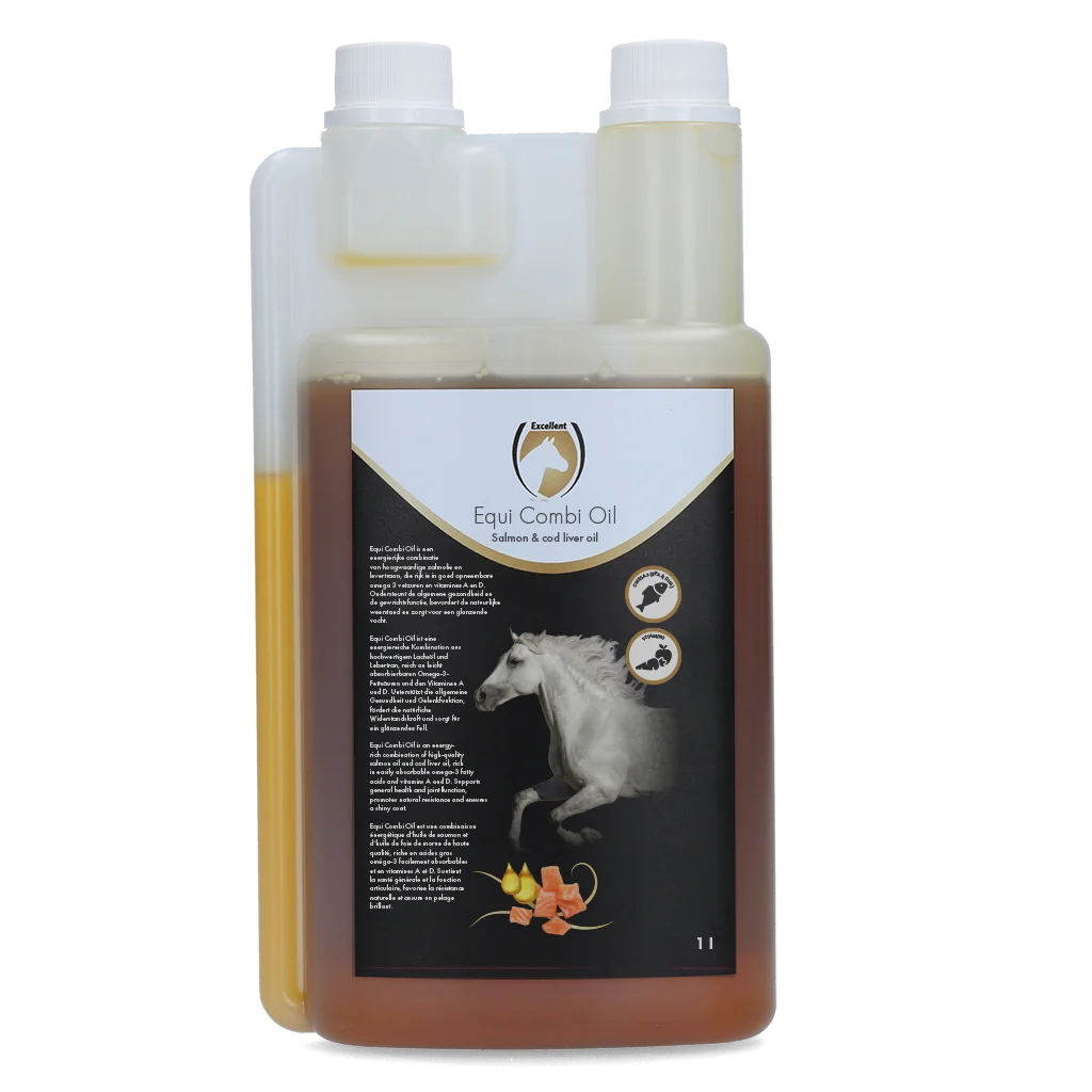 Krmný olej pro koně s lososovým olejem a olejem z tresčích jater, 1 l – Excellent Horse Combi Oil - Obrázek 1