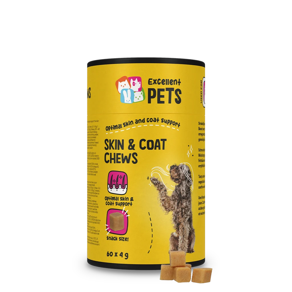 EXCE5030A.png Doplněk stravy pro psy na kůži a srst, 60 měkkých žvýkacích pamlsků – Excellent Pets Skin & Coat Soft Chews - Obrázek 1