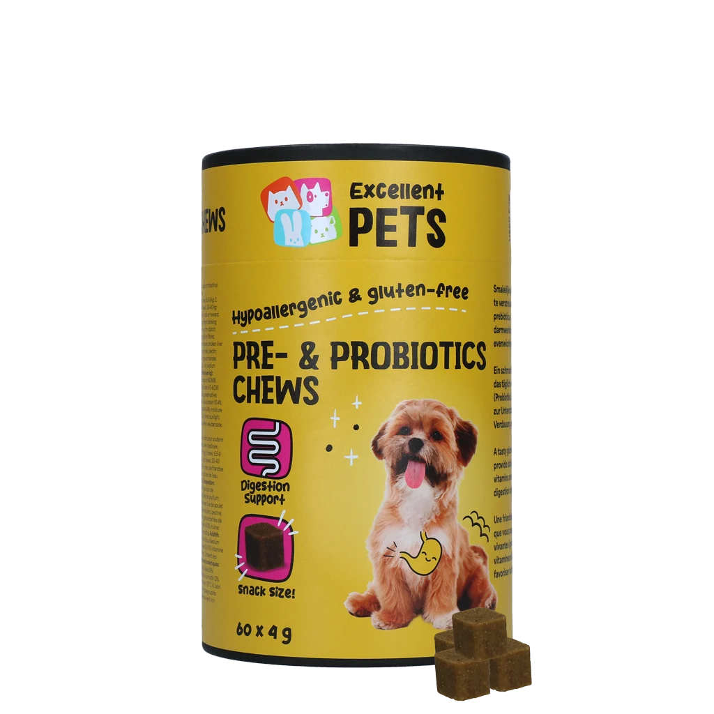 Doplněk stravy pro psy s prebiotiky a probiotiky, 60 kusů – Excellent Pets Pre- & Probiotics Chews - Obrázek 1