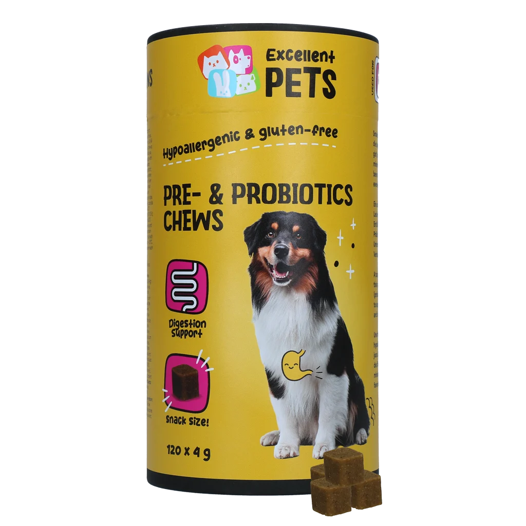 Doplněk stravy pro psy s prebiotiky a probiotiky, 120 kusů – Excellent Pets Pre- & Probiotics Chews - Obrázek 1