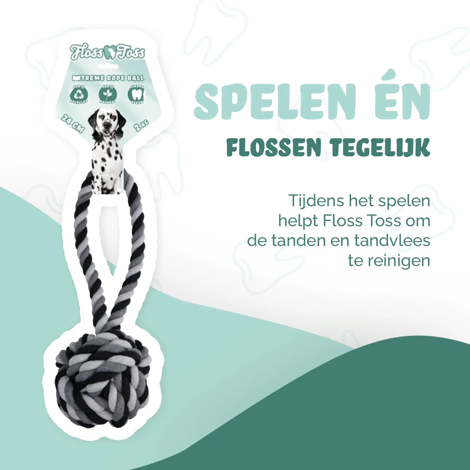 Bavlněné přetahovadlo pro psy s míčkem, 60 cm – Floss Toss Natural Dental Ropes Dental Rope Exteme Tug and Ball - Obrázek 2