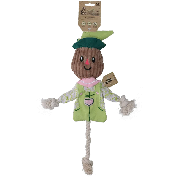 Přetahovací hračka strašák s šustícím tělem a lanem – Garden Paws Scarecrow Indy Fields M