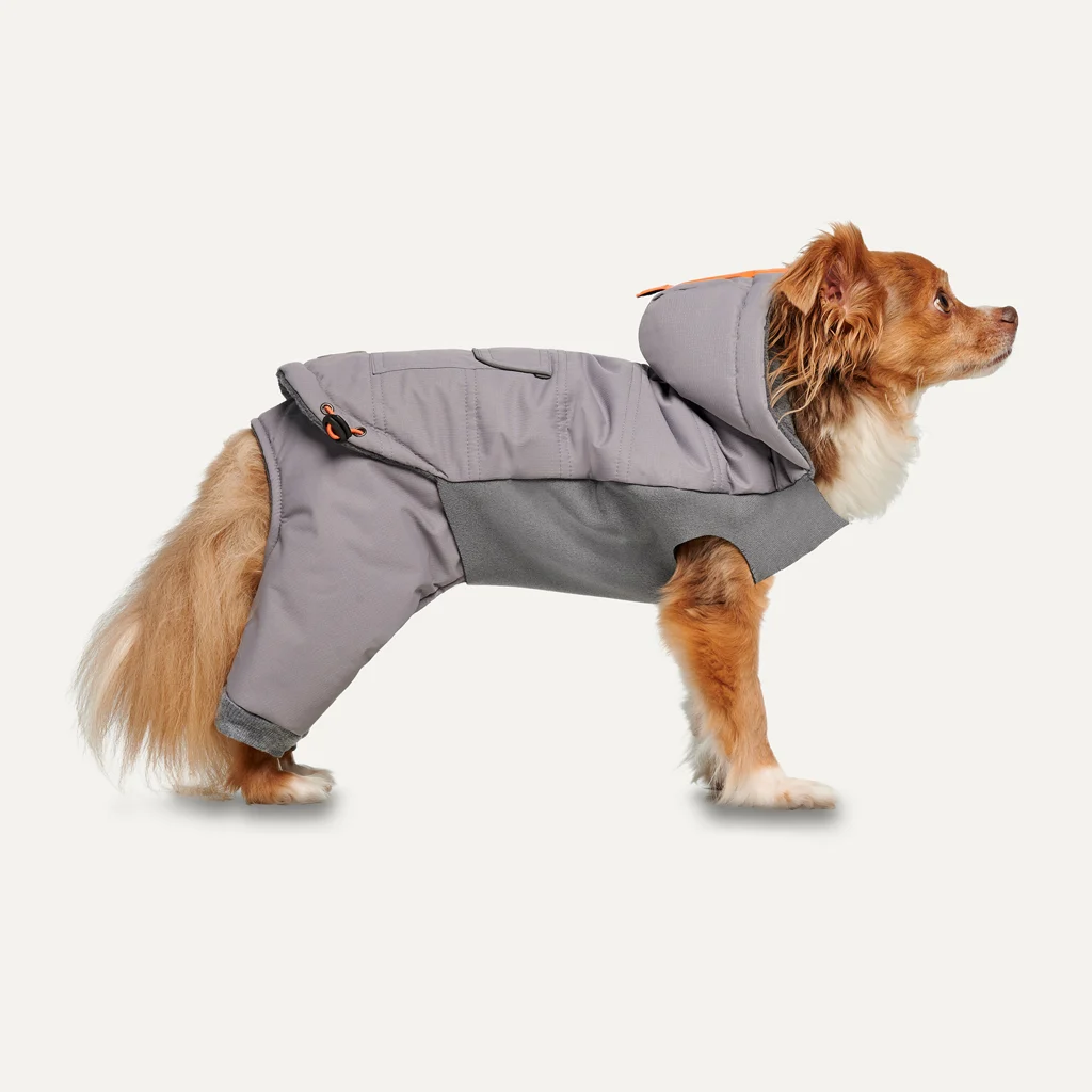 Psí zimní kombinéza s kapucí, voděodolná, M, délka zad 45 cm, šedá – Goo-eez Hooded Full Body Snowsuit - Obrázek 1