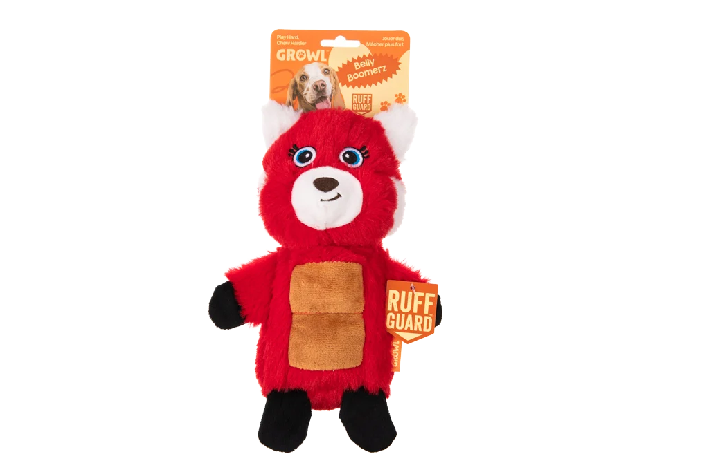 Plyšová hračka pro psy červená panda s pískací podložkou a pískátkem – Growl Belly Boomerz Riley červená panda - Obrázek 1