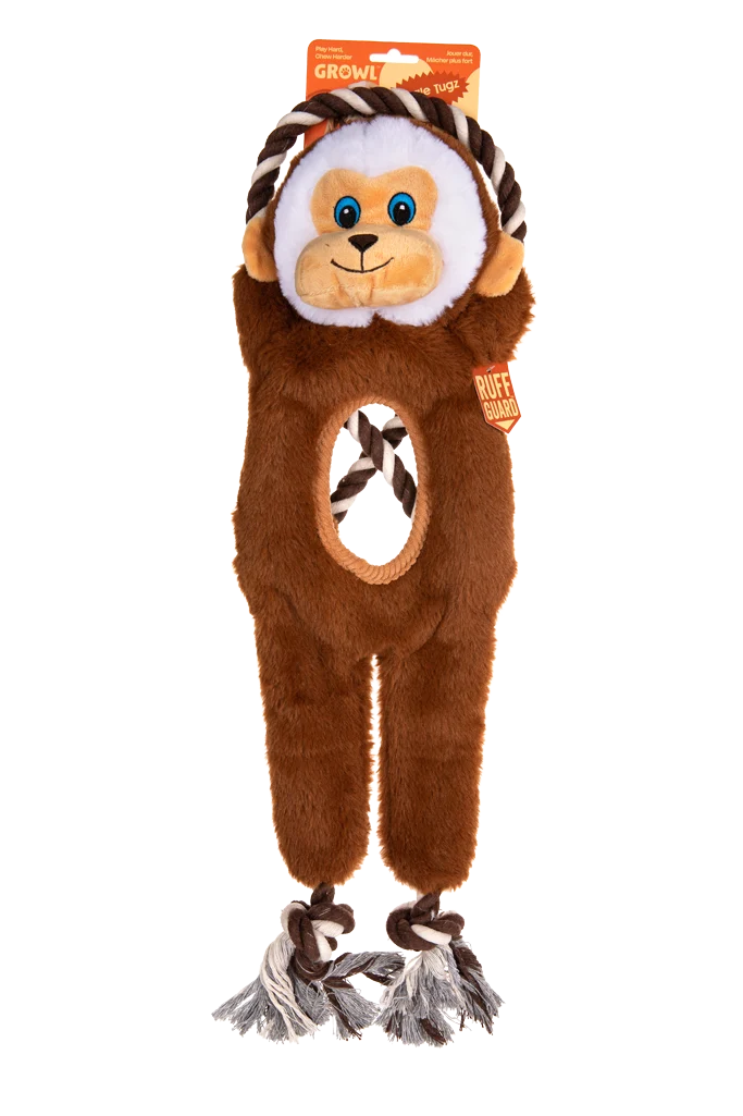 Přetahovací hračka pro psy s lanem a dvěma pískátky – Growl Jungle Tugz Max the Monkey - Obrázek 1