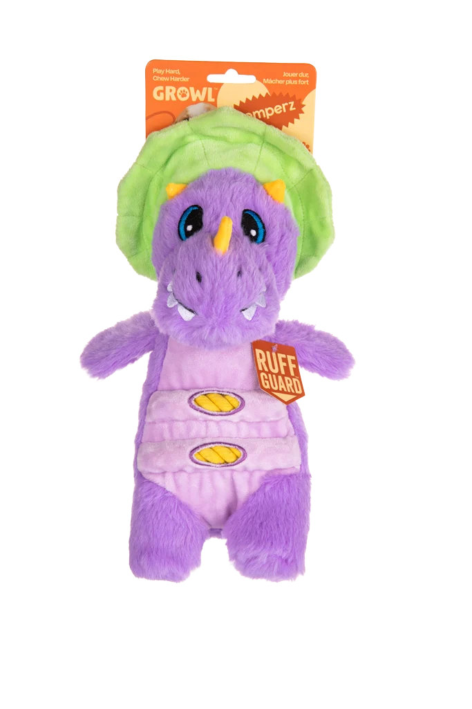 Plyšová hračka pro psy s lanem a velkým pískátkem – Growl Stomperz fialový brachiosaurus Benny - Obrázek 1
