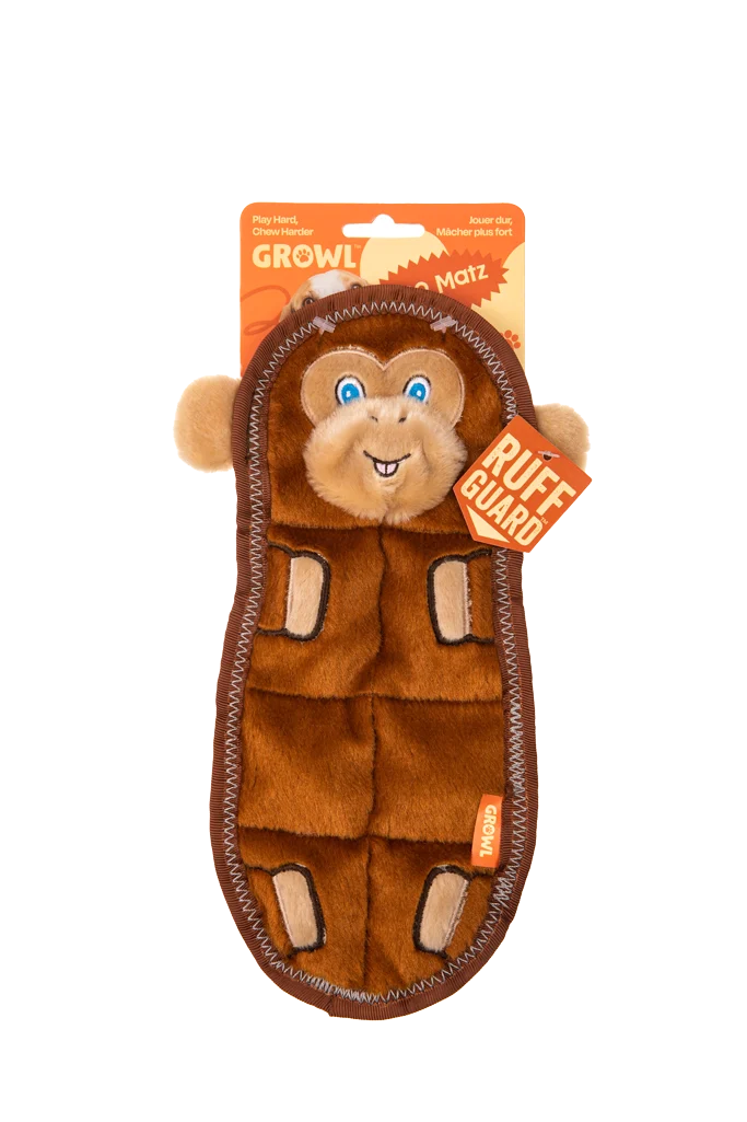 GROWL52026.png Plochá plyšová hračka pro psy se 7 pískátky – Growl Zoo Matz opice Mildred - Obrázek 1
