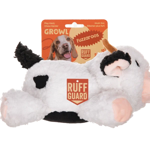 Plyšová hračka pro psy z plyše sherpa s velkým pískátkem – Growl Fuzzaroos Coco kráva
