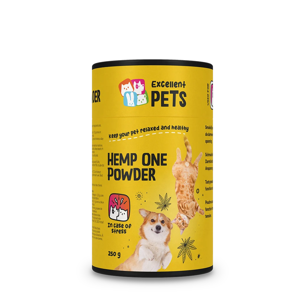 Konopný květový prášek pro psy a kočky s rohovníkem, 250 g – Excellent Pets Hemp One Powder - Obrázek 1