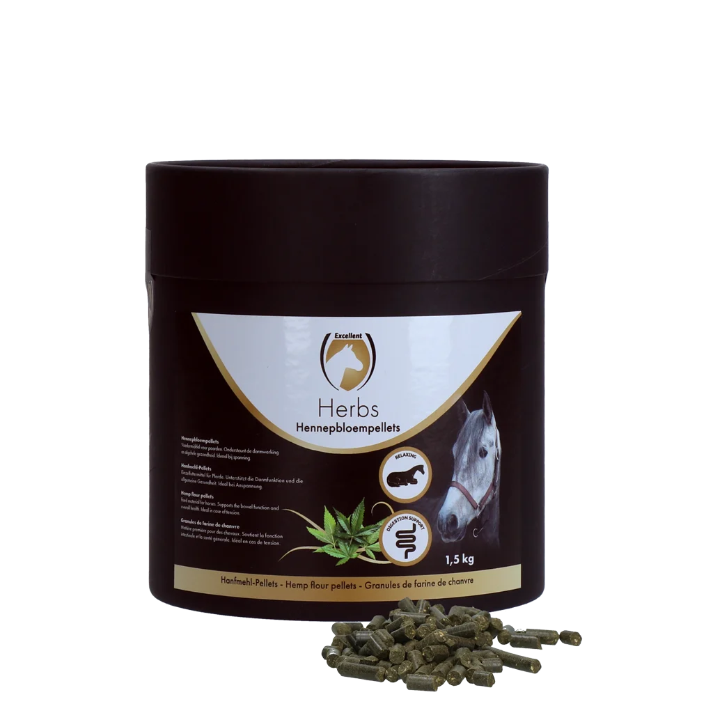 HERB052.png Granule z květů konopí pro koně na podporu střevní činnosti, 1,5 kg – Excellent Horse Herbs Hennepbloempellets - Obrázek 1