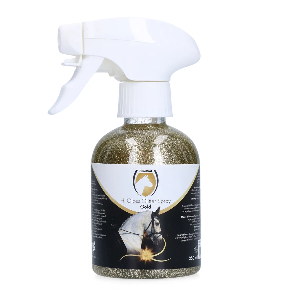 Třpytivý sprej na srst, hřívu a ocas, 250 ml – Excellent Horse Hi Gloss Glitter Spray Gold - Obrázek 1